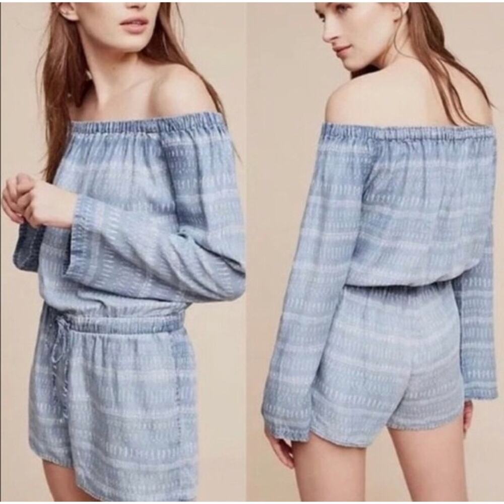 Anthropologie Cloth & Stone Chambray Stripe Romper Off the Shoulder M Blue